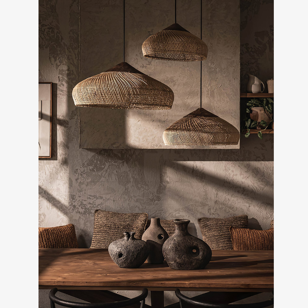 Modern Rattan Silhouette Pendant Light - Woven Basket Hanging Lamp with Wood Cap