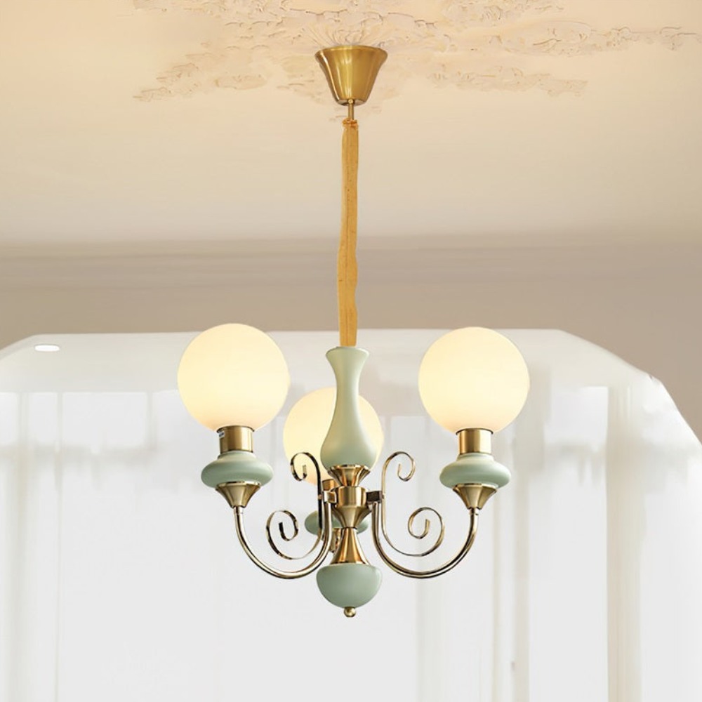Chandelier with Milky Glass Globes and Scrollwork Frame - Vintage French Style
