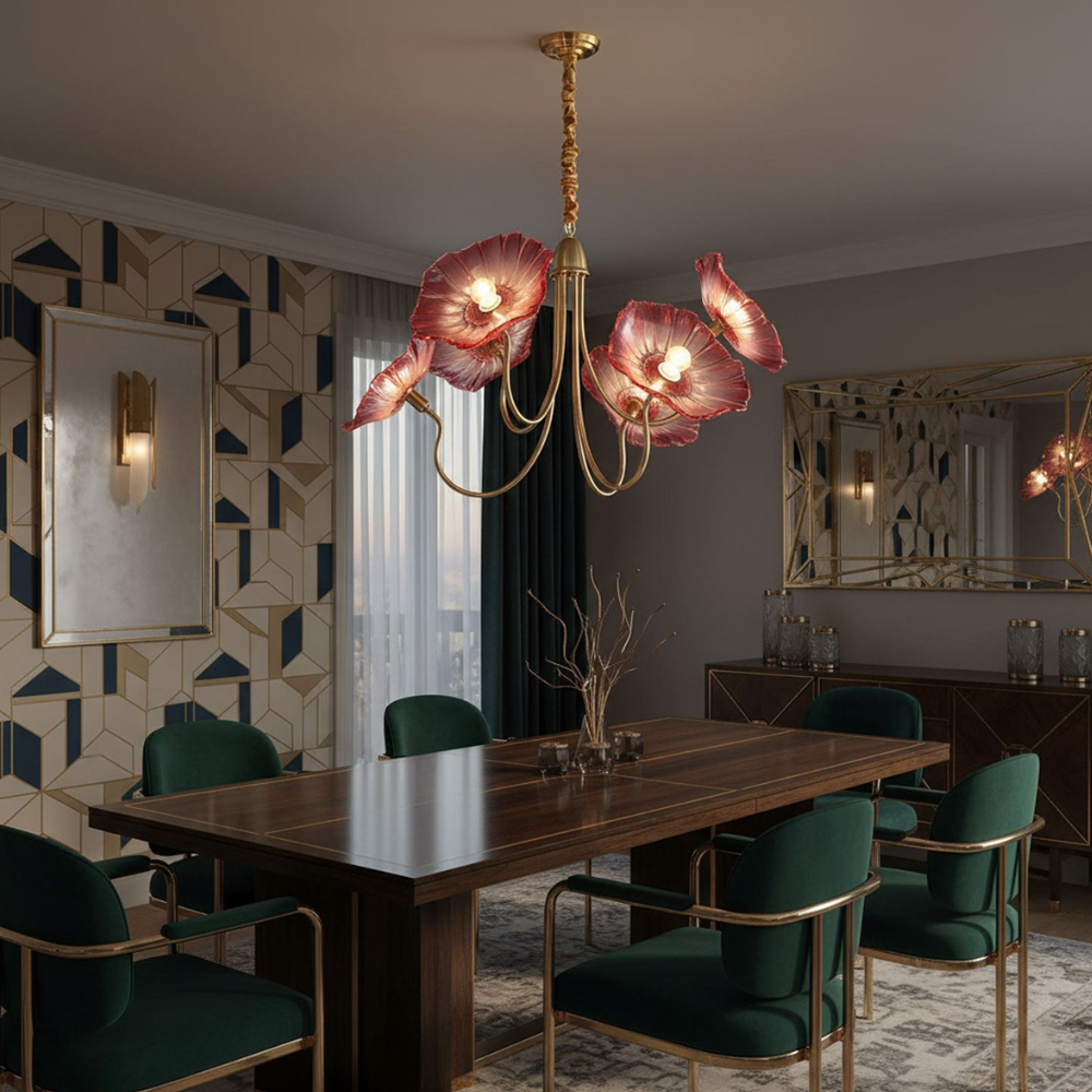 Chandelier with Flower Glass Shades and Gold Metal Frame - Modern Art Deco