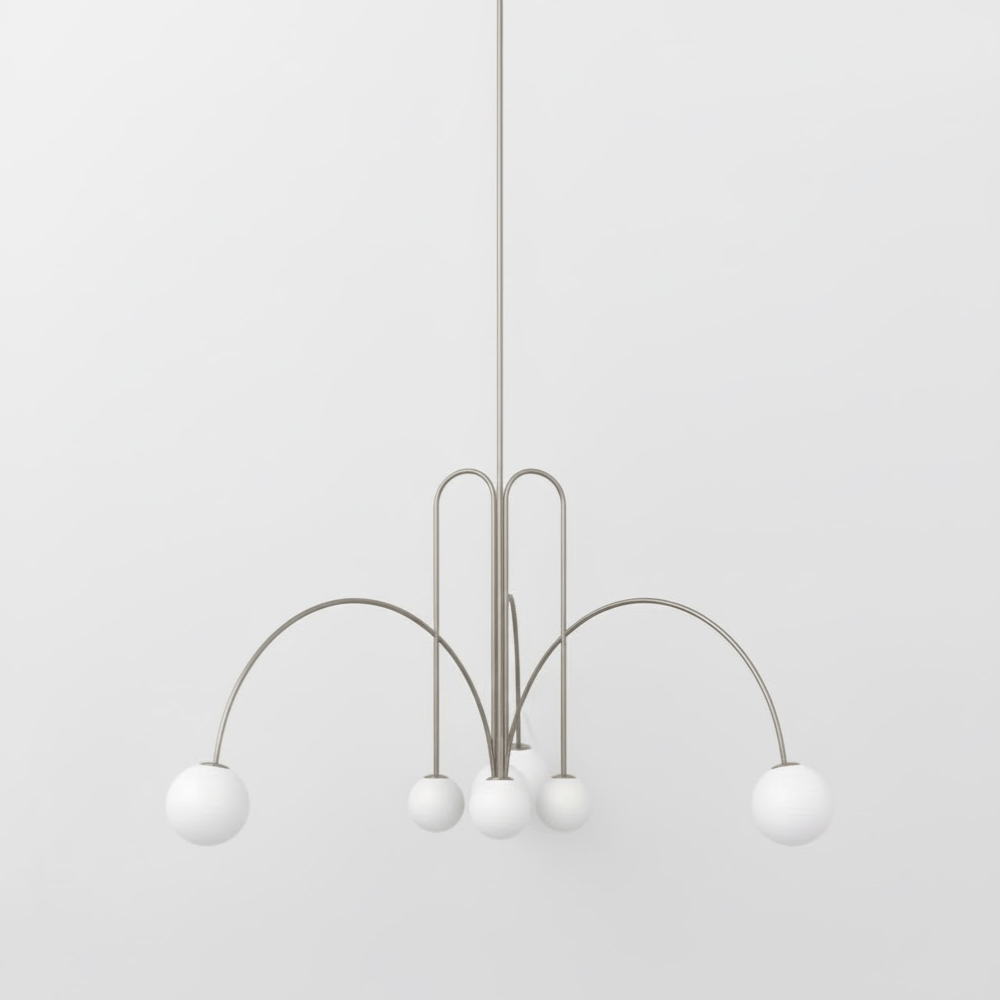 Chandelier with Arched Arms and Frosted Globes - Modern Mid Century