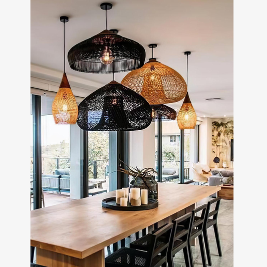Suspension silhouette en rotin moderne - Lampe suspendue panier tressé avec capuchon en bois