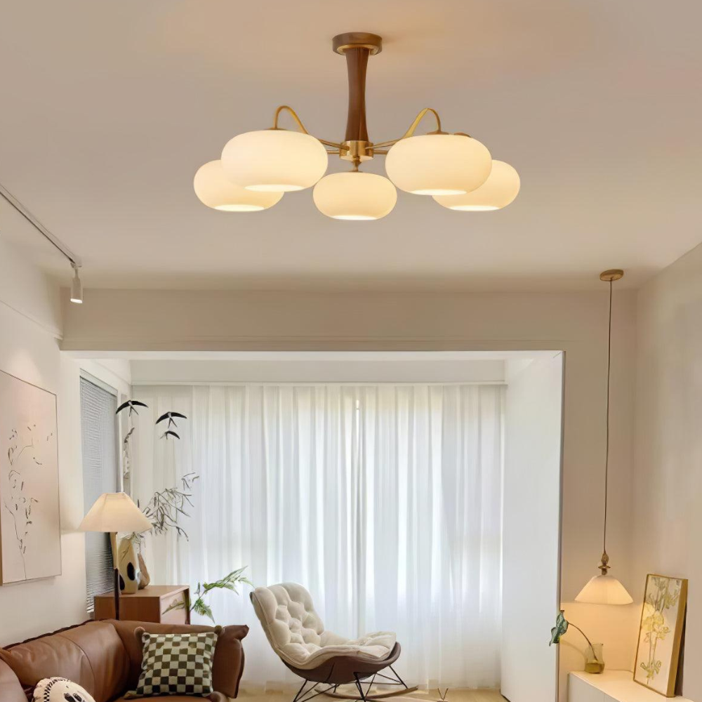 Chandelier with Walnut Wood and Persimmon Glass Shades - Modern Mid Century