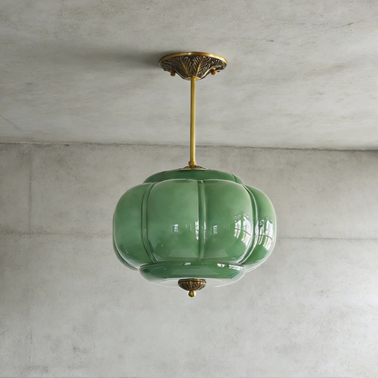 Ribbed Pumpkin Hanging Lamp with Ornate Metalwork - Mid Century Design