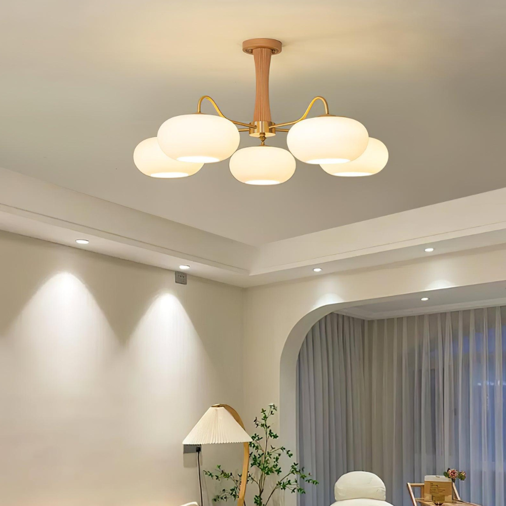 Chandelier with Walnut Wood and Persimmon Glass Shades - Modern Mid Century