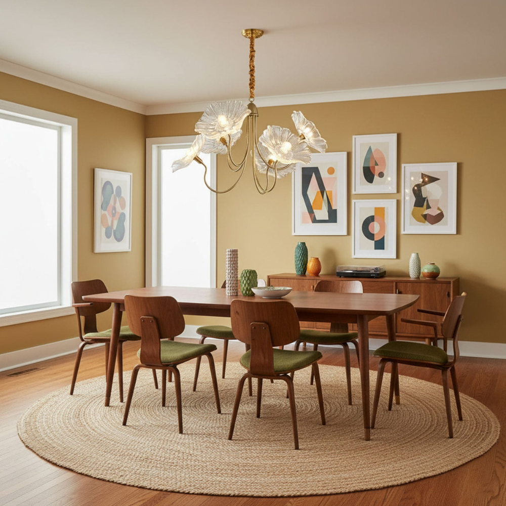 Chandelier with Flower Glass Shades and Gold Metal Frame - Modern Art Deco