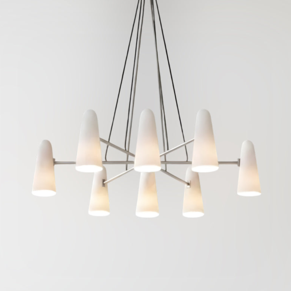 Lustre avec abat-jours en verre conique et cadre métallique - Moderne milieu du siècle