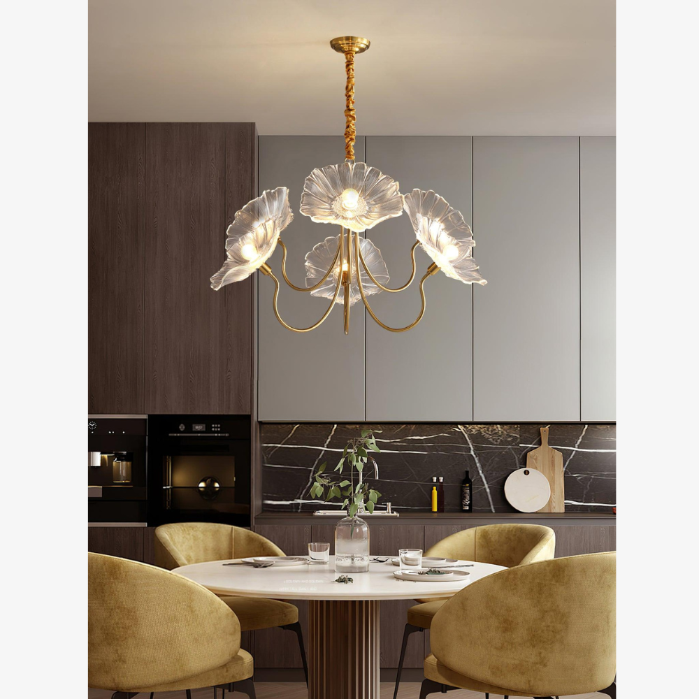 Chandelier with Flower Glass Shades and Gold Metal Frame - Modern Art Deco