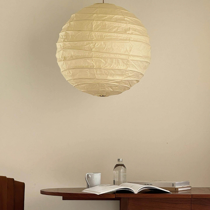 Spherical Ribbed Paper Hanging Fixture - Mid Century Modern Zen Style