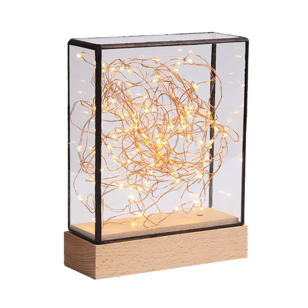 Boîte en verre avec guirlande lumineuse LED minimaliste - Lampe de bureau décorative en fil de cuivre