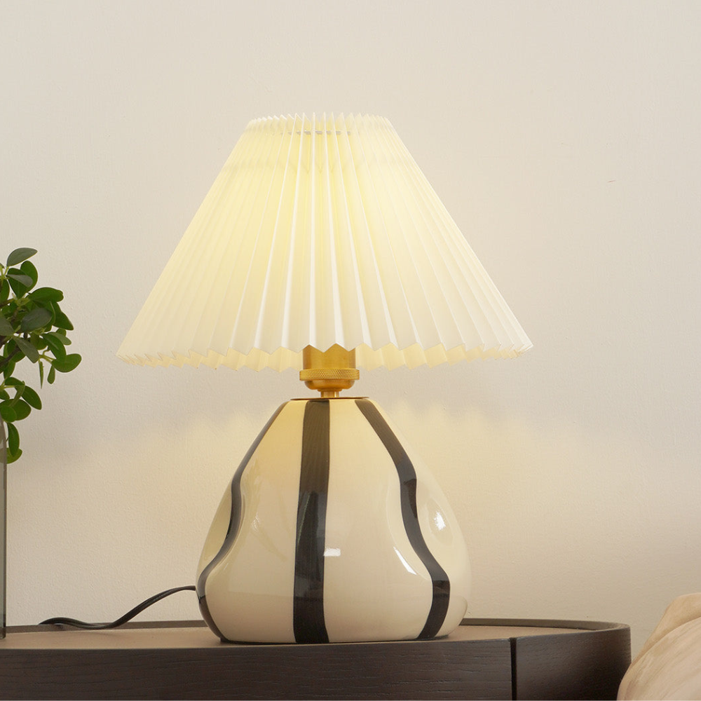 Table Lamp with Pleated Fabric Shade - Mid Century Modern Ceramic