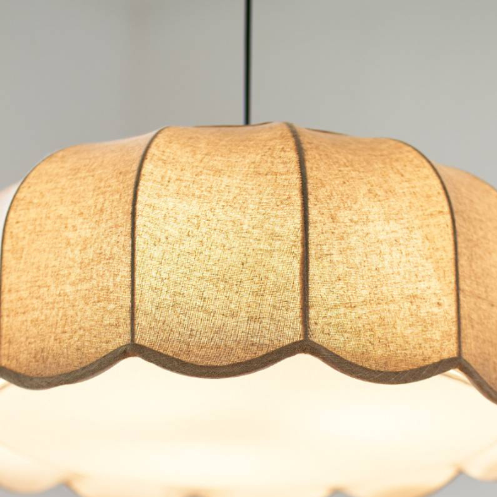 Scalloped Fabric Pendant Lamp - Modern Boho Beige Striped Ceiling Light
