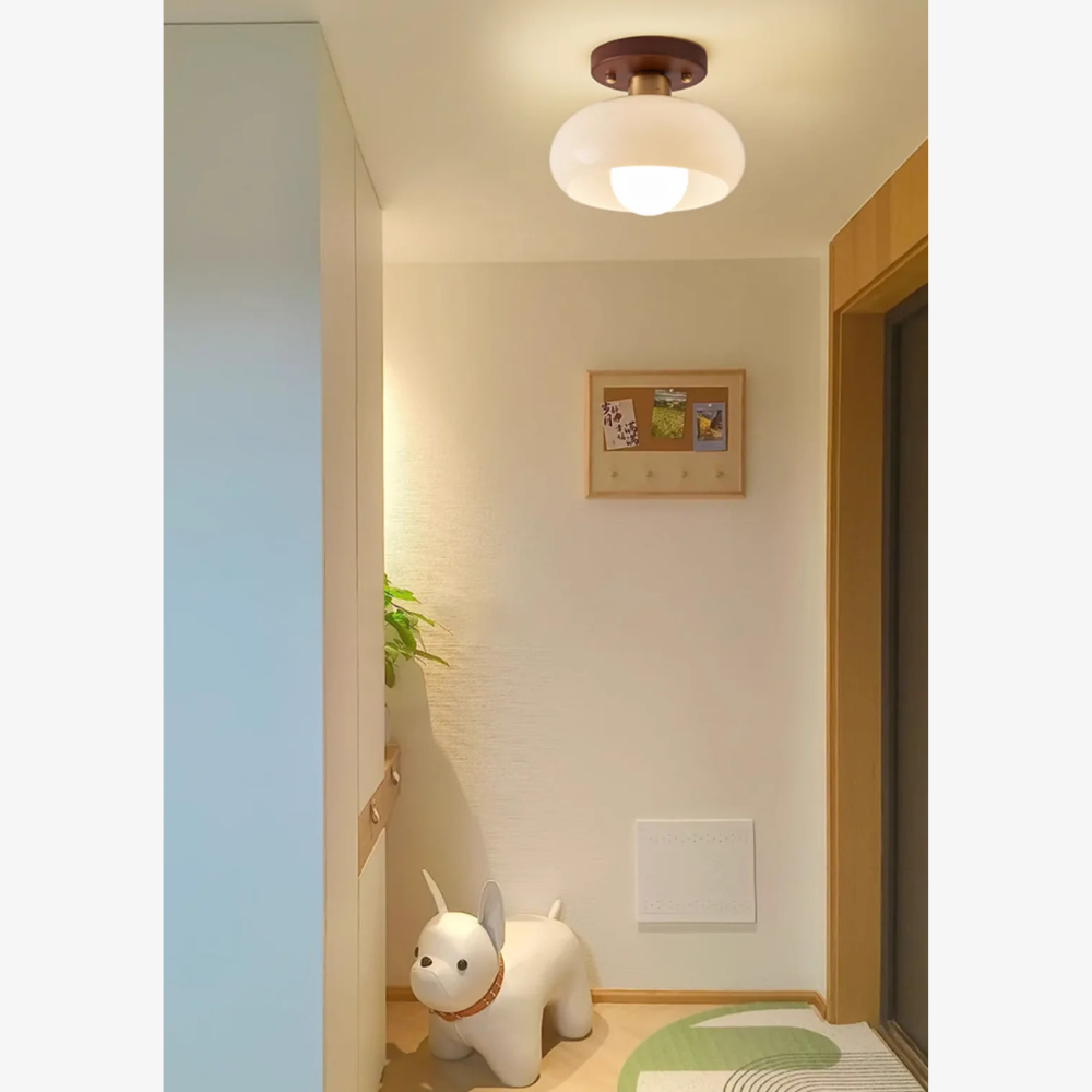 Flush Mount Ceiling Light with Glass Shade - Walnut Mid Century Modern