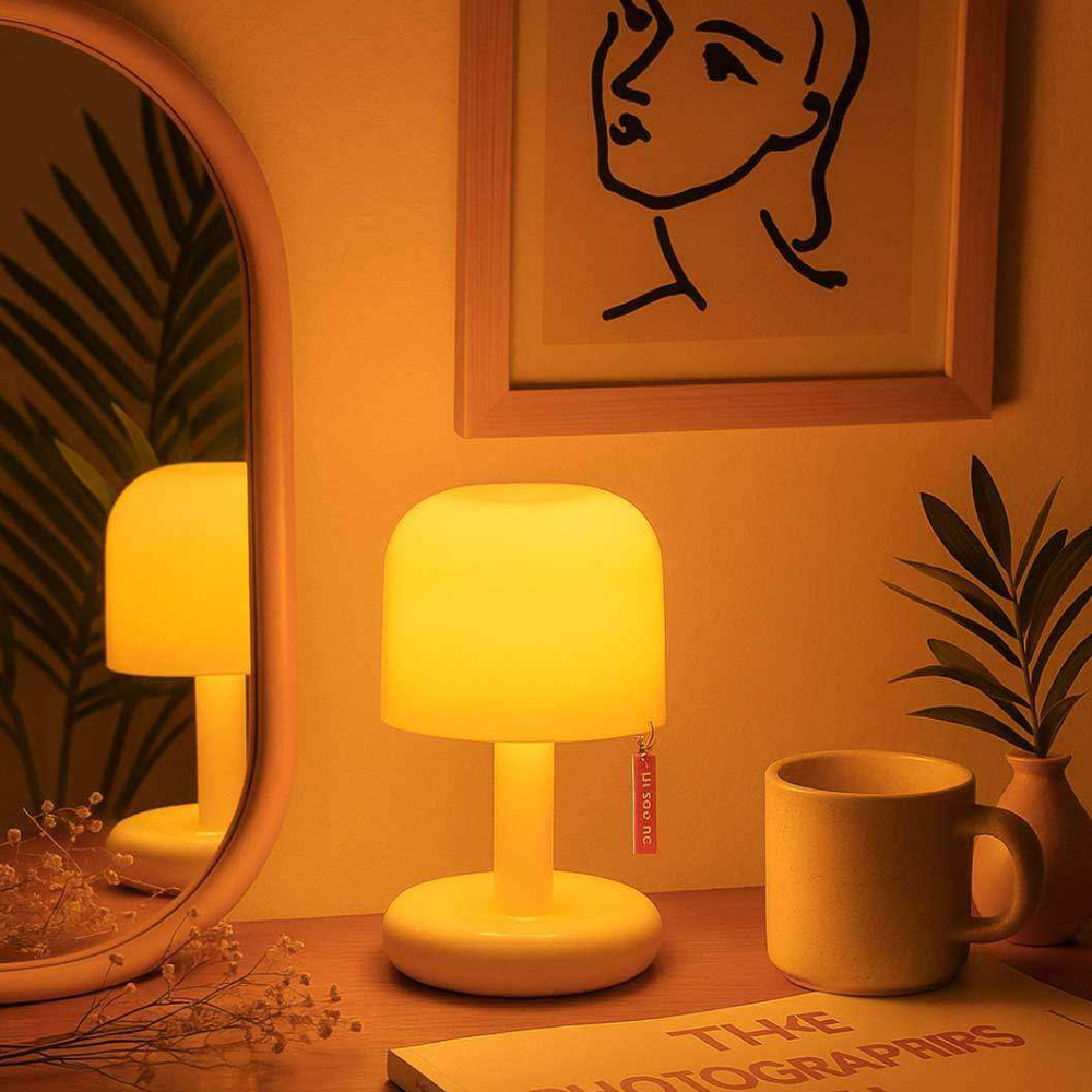 Mushroom Table Lamp with Orange Dome Shade - Modern Mid Century