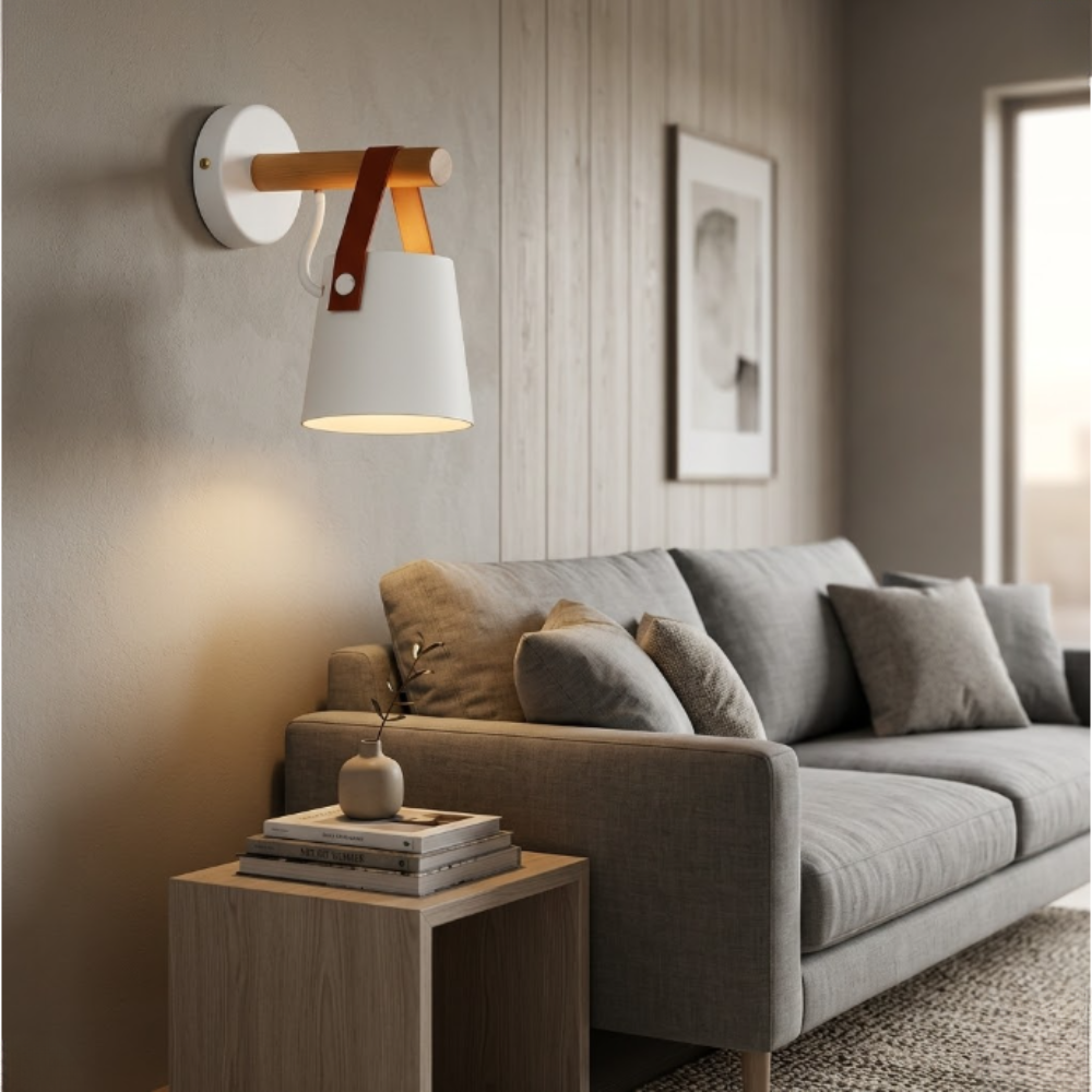 Nordische Wandleuchte mit Lederband und Holzarm – Moderne konische Hängeleuchte