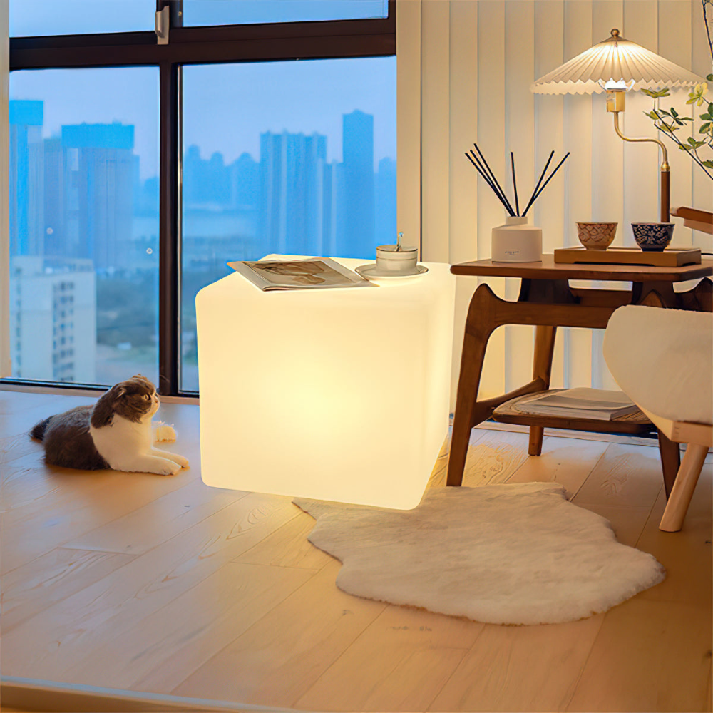 LED Cube Side Table and Glowing Accent Light - Modern Geometric