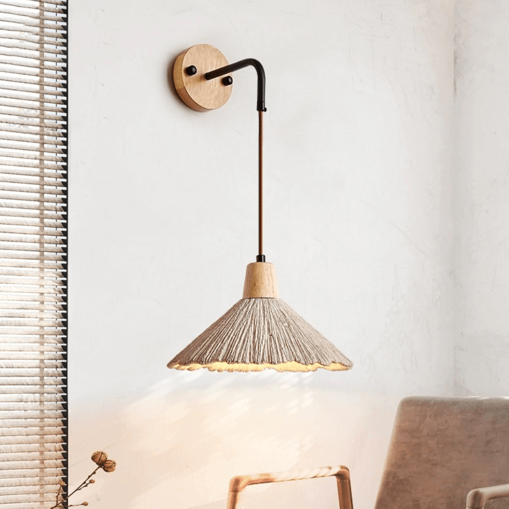 Wall Sconce with Textured Cement Shade and Wood Cap - Modern Japandi