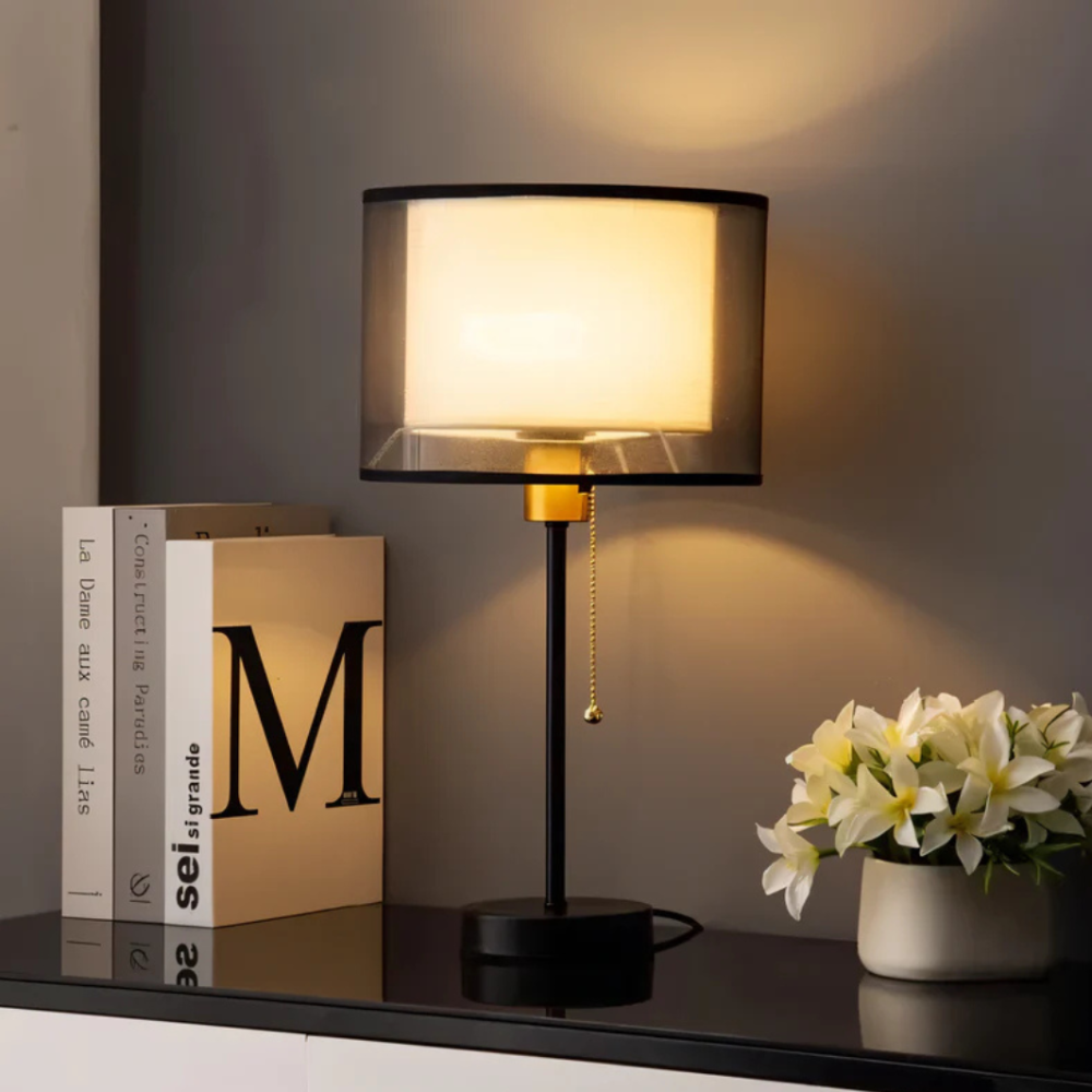 Double Cloth Shade Table Lamp Metal Base - Modern Bedroom Light