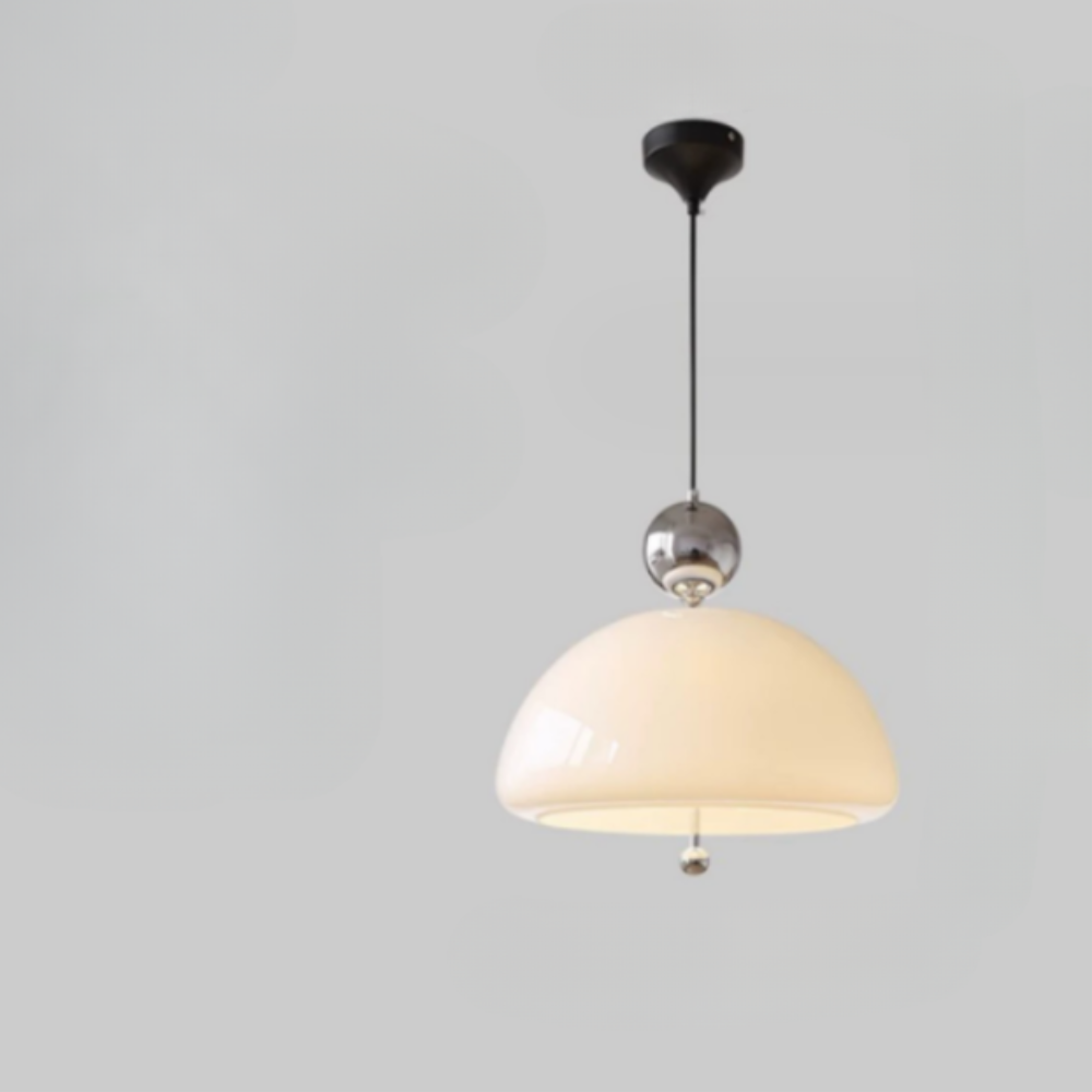 Glass Pendant Light with Domed Shade and Orb Accent - Mid Century Style