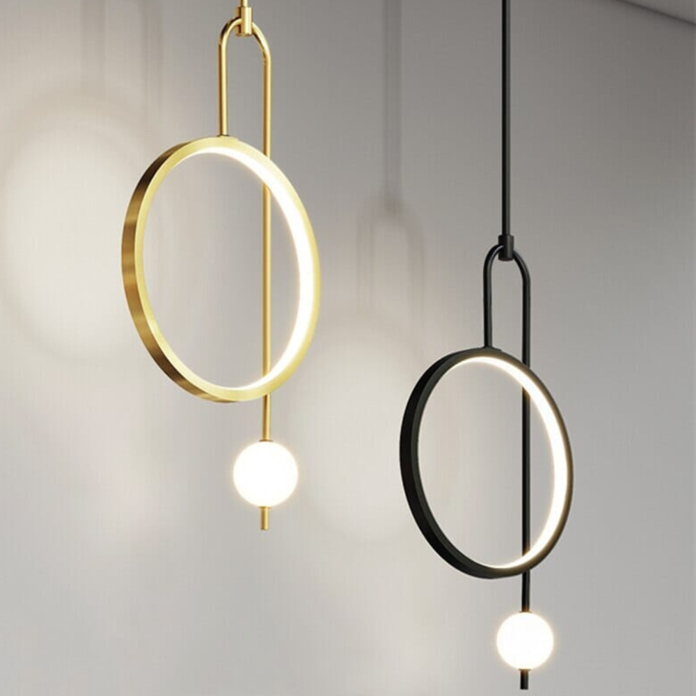 Asymmetrische Ring- und Kugel-Pendelleuchte – Modernes geometrisches Halo-Design