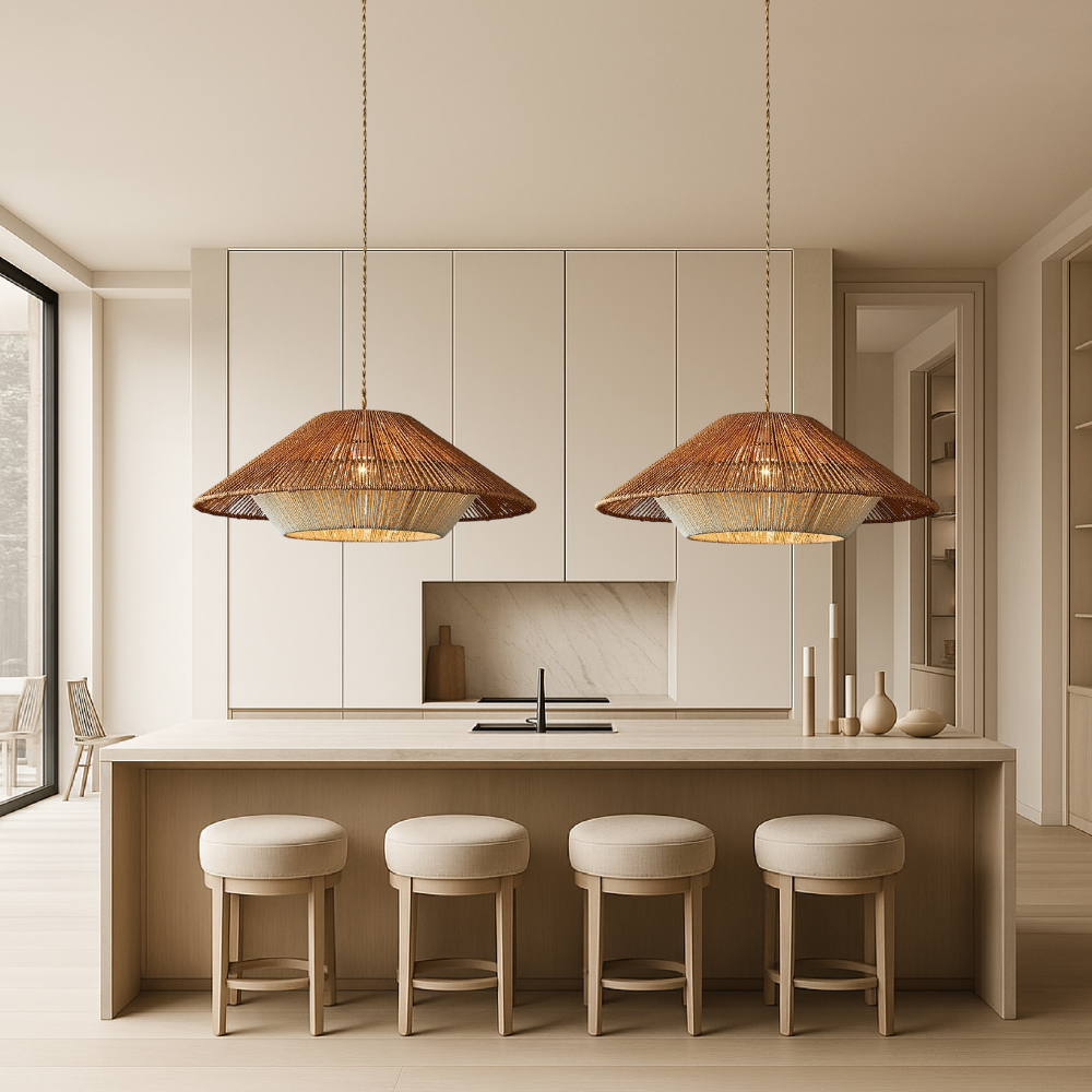 Pendant Light with Hemp Shade - Modern Bohemian Tiered Design