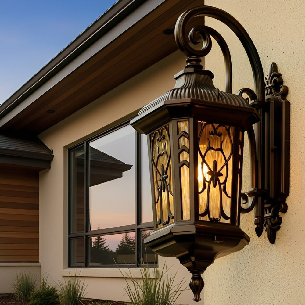 LED Porch Lantern with Scrollwork Frame and Textured Glass - Vintage Style