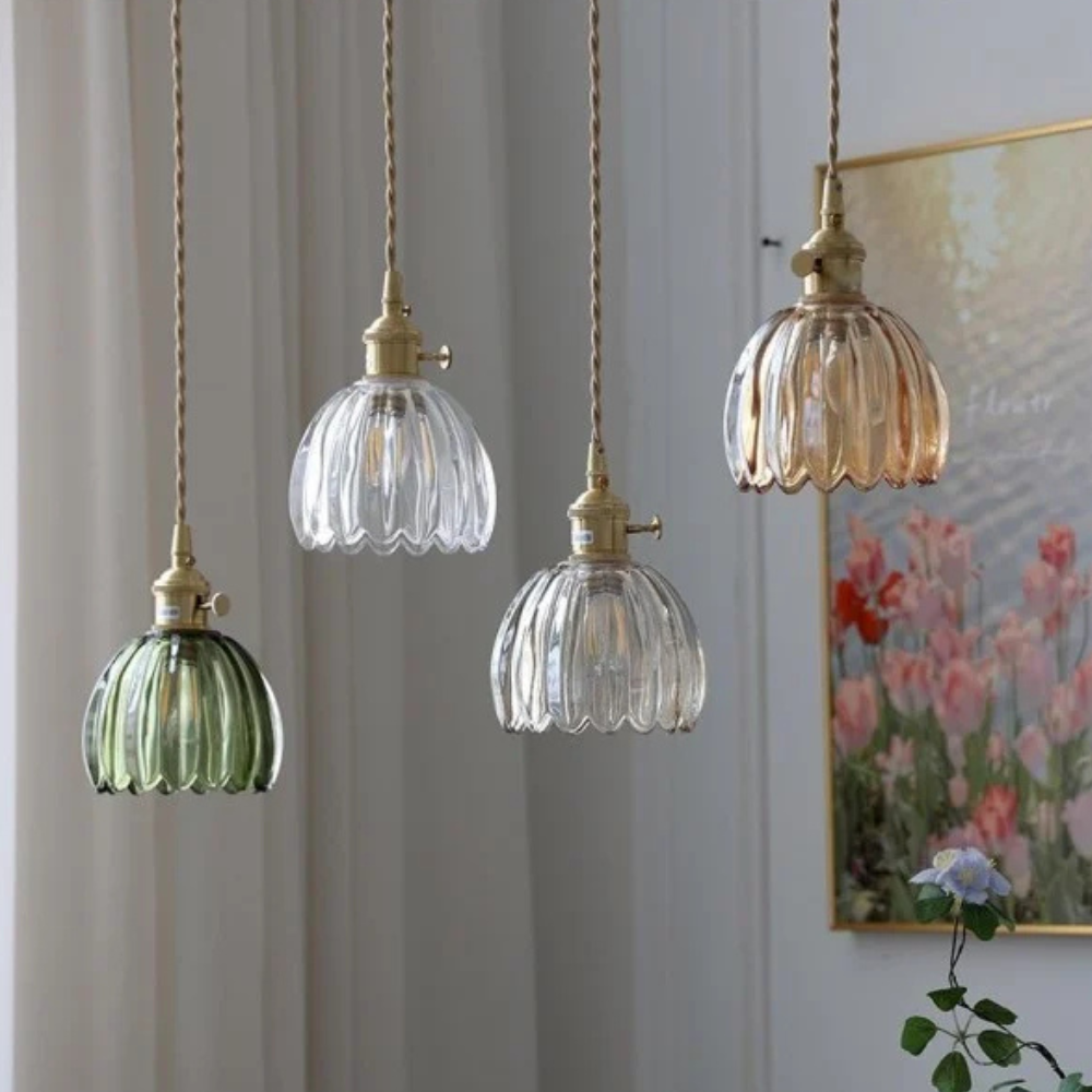Glashängelampe mit gewelltem Blumen-Schirm – Retro Mid Century