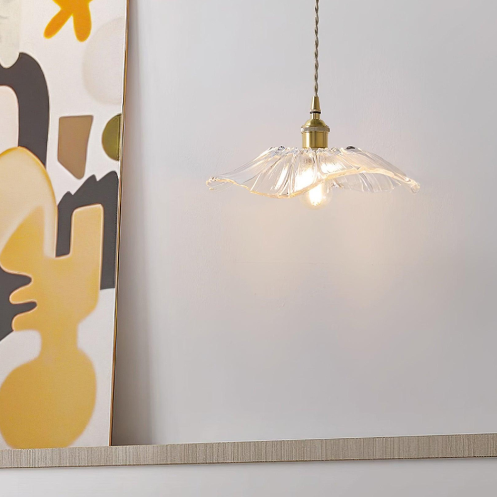Ribbed Glass Flower Petal Pendant Light with Copper Hardware – Vintage Mid Century Style