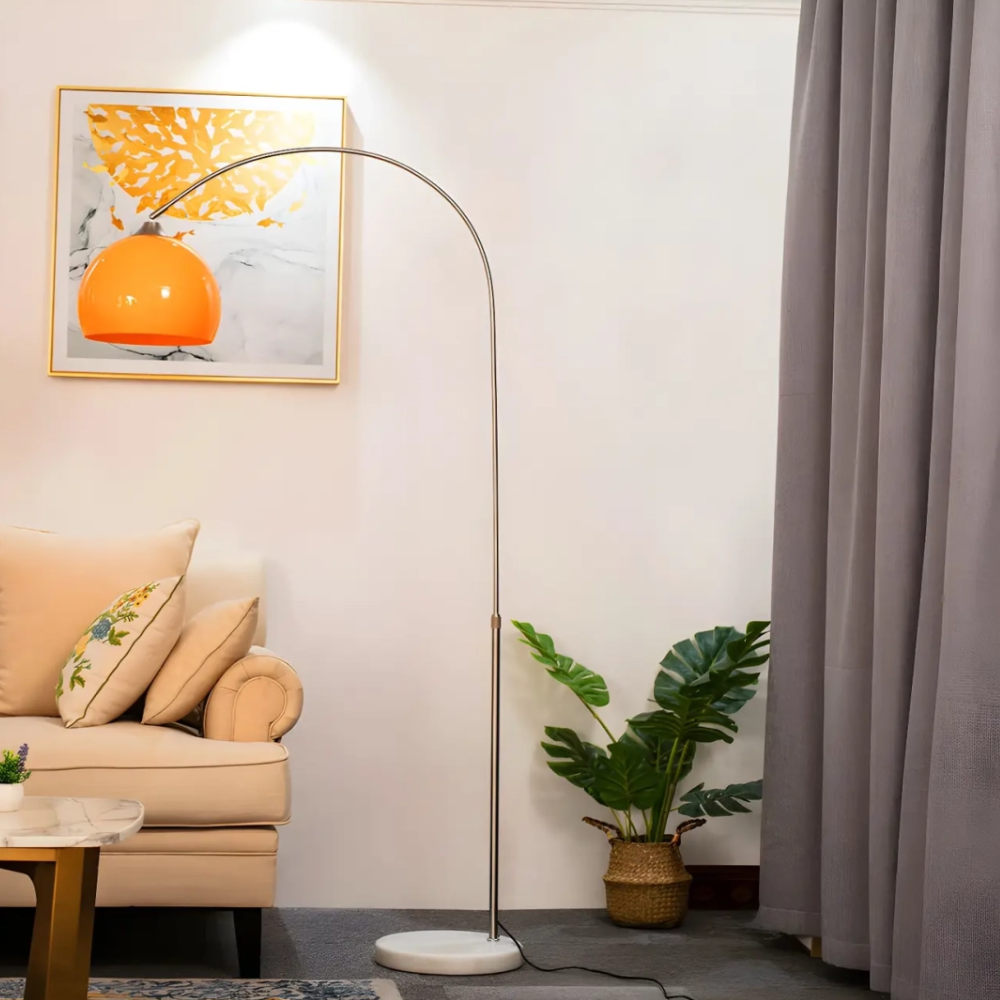 Verstellbare Stehlampe mit Marmorsockel und Glaskuppel – Mid-Century-Bogen