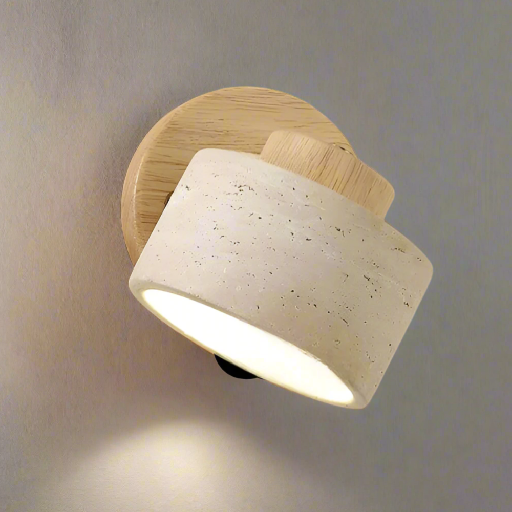 Architectural Adjustable Stone Wall Light - Minimalist Wood & Travertine Sconce