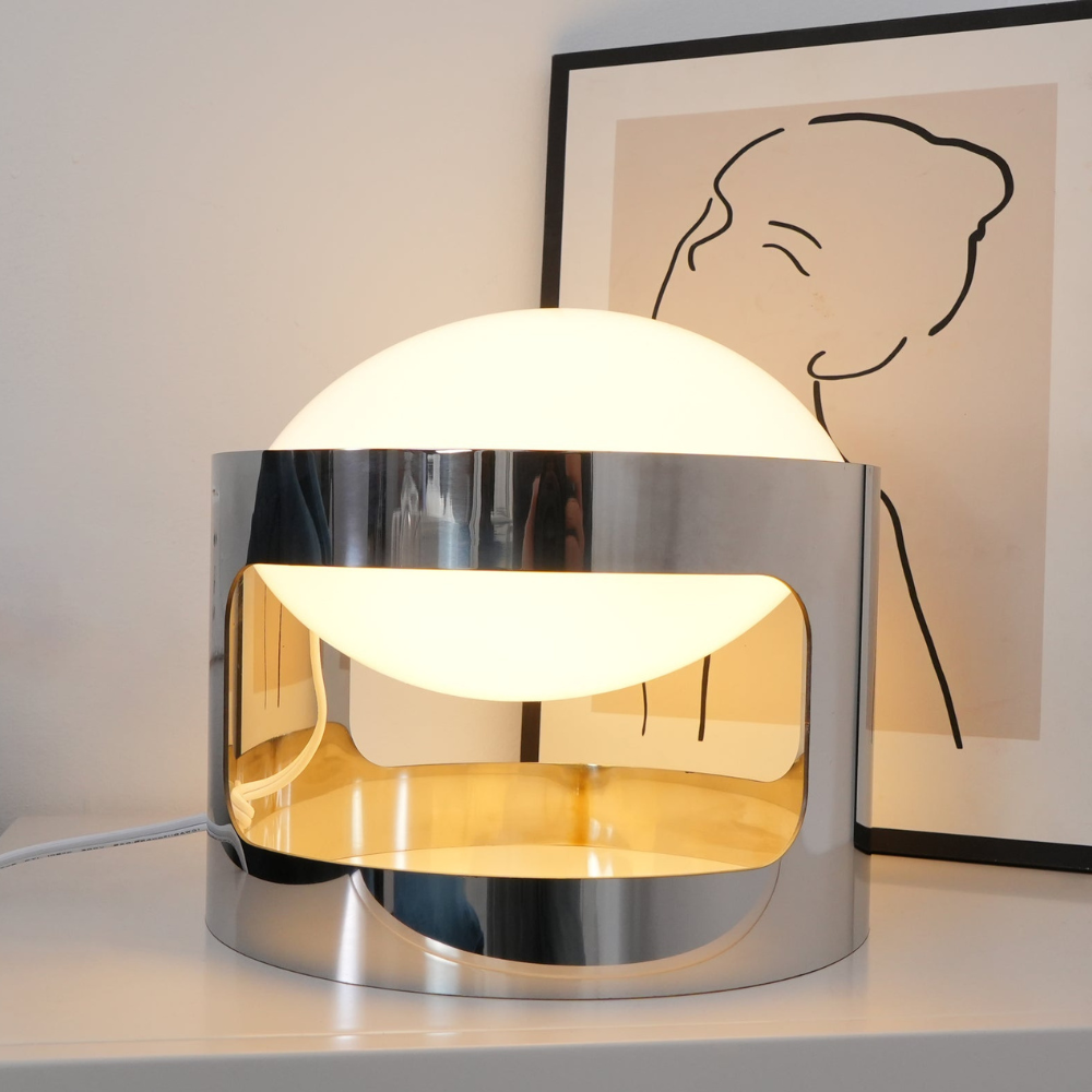 Glass Orb Table Lamp with Chrome Metal Base - Mid Century Modern