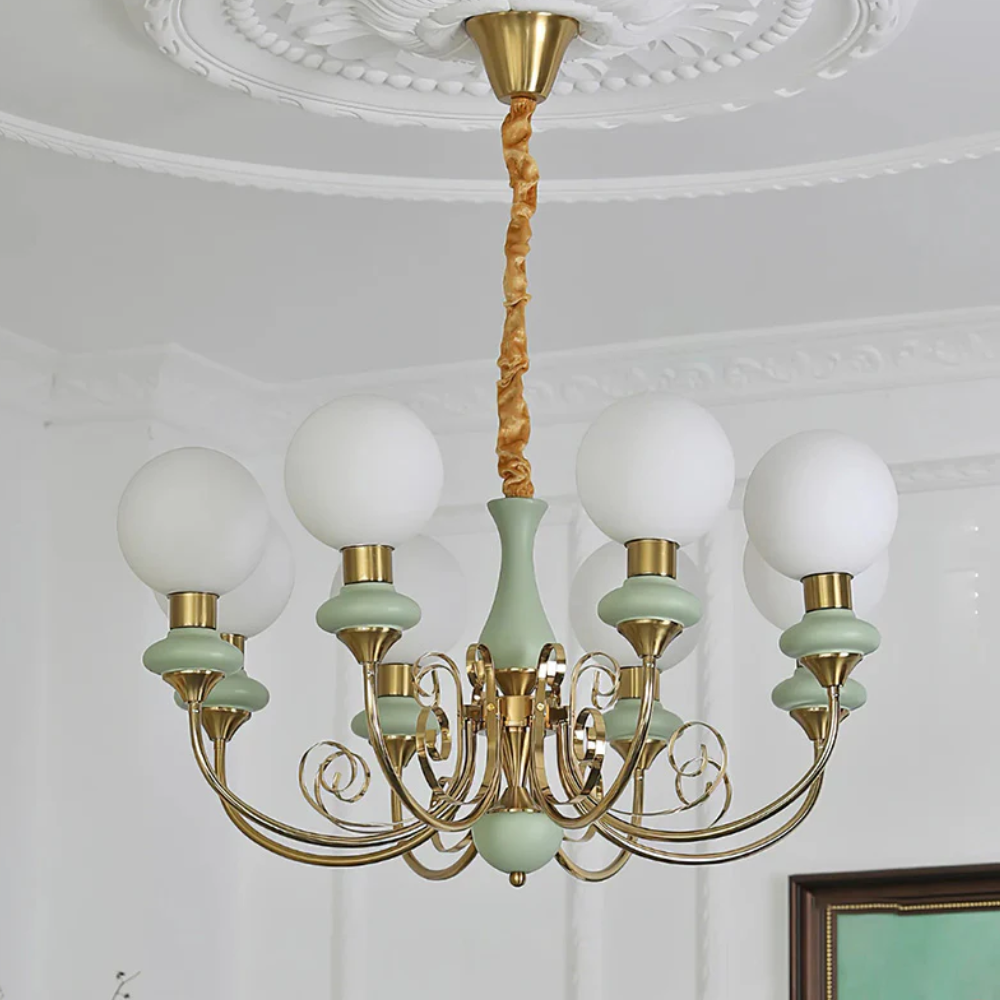 Chandelier with Milky Glass Globes and Scrollwork Frame - Vintage French Style