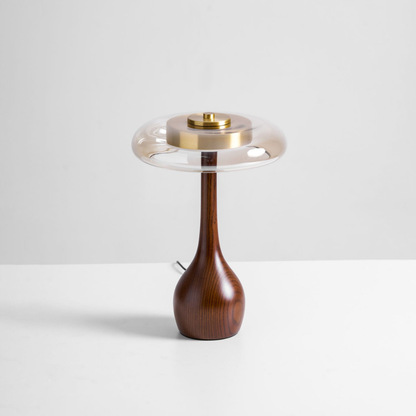 Mid-Century Modern Amber Glass and Walnut Wood LED Mushroom Table Lamp