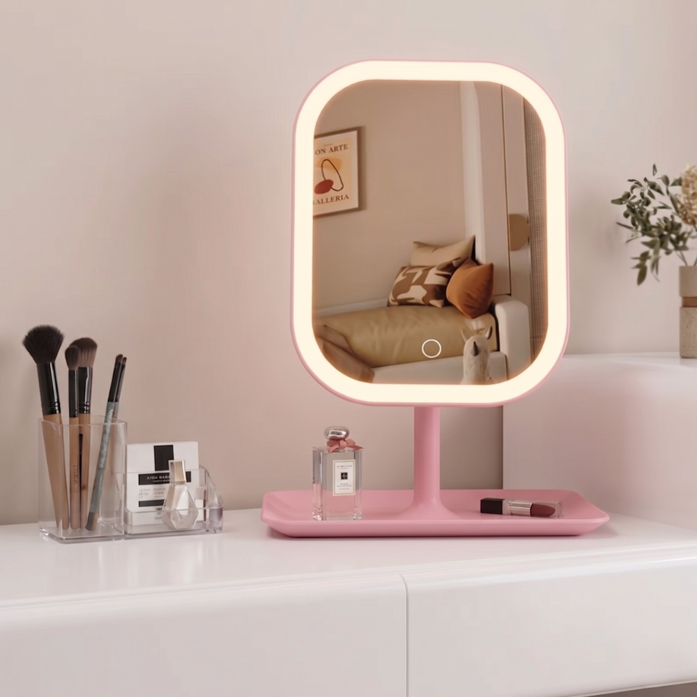 Miroir de maquillage rechargeable avec plateau de rangement intégré - Moderne et minimaliste