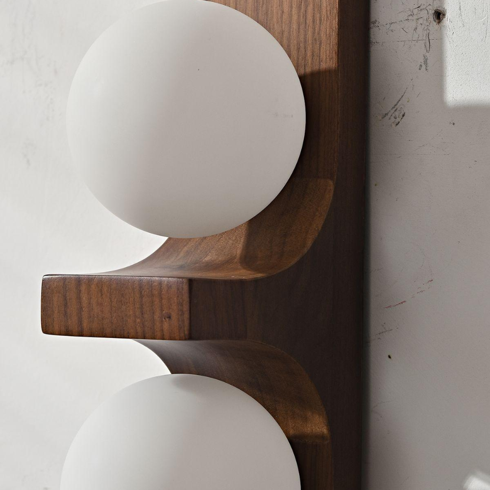 Double Orb Wall Sconce with Carved Wood Base - Mid Century Modern