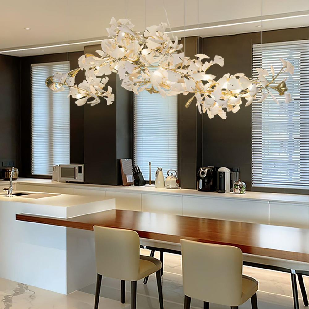 Sputnik-Kronleuchter mit Keramik-Ginkgoblättern – Moderner Art Deco