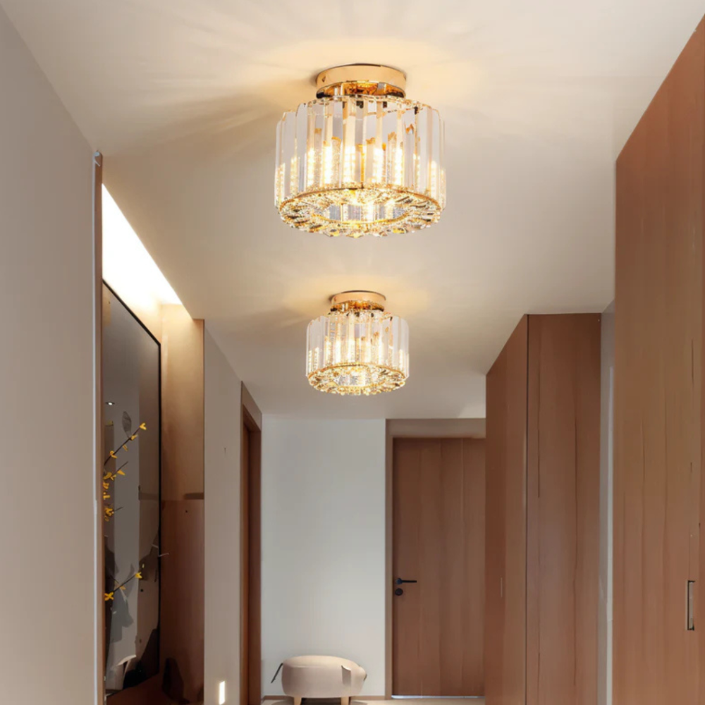 Cylindrical Crystal Flush Mount Light with Glass Prisms - Modern Art Deco