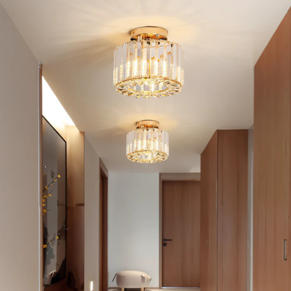Cylindrical Crystal Flush Mount Light with Glass Prisms - Modern Art Deco