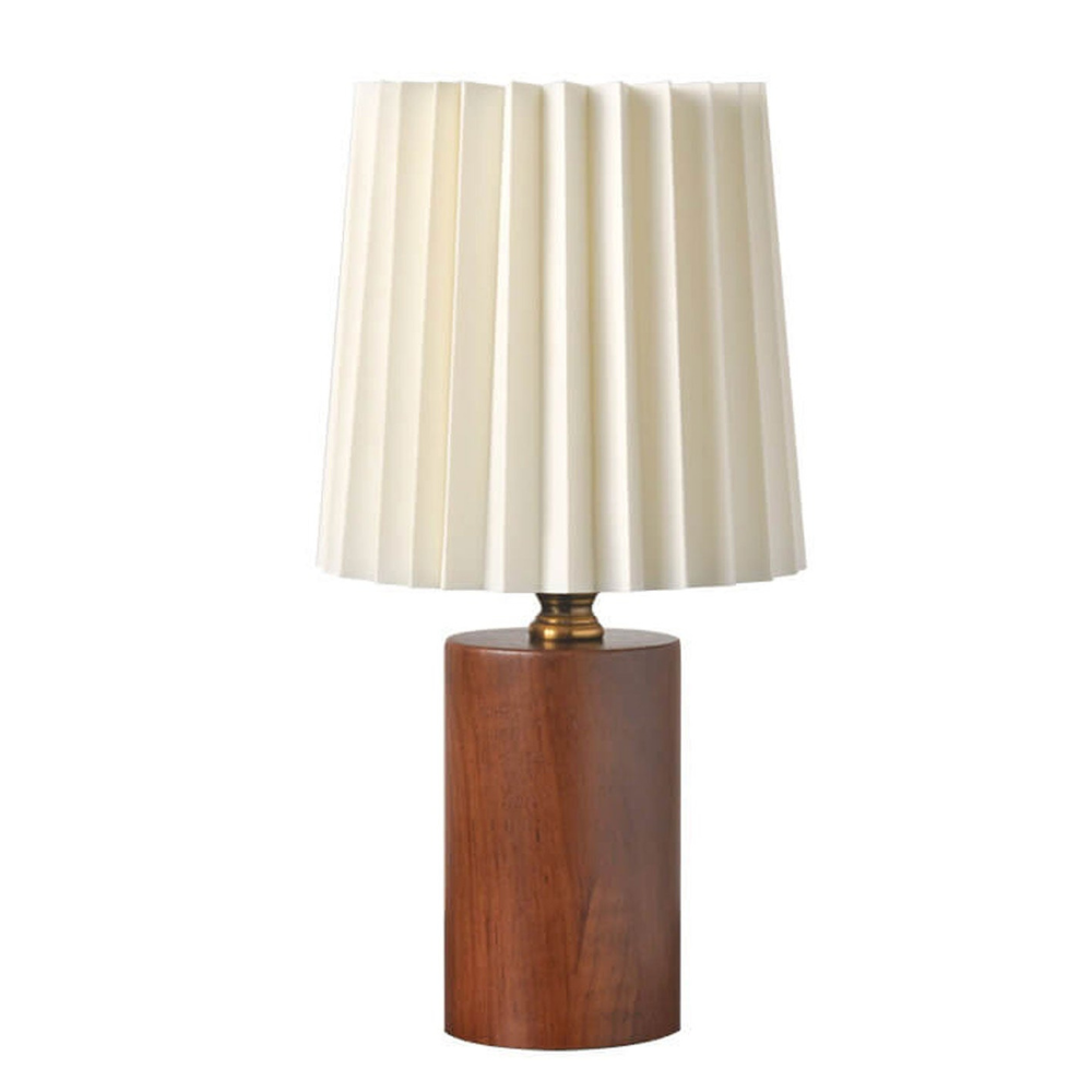 Lampe de table en tissu plissé style milieu du siècle avec socle en bois