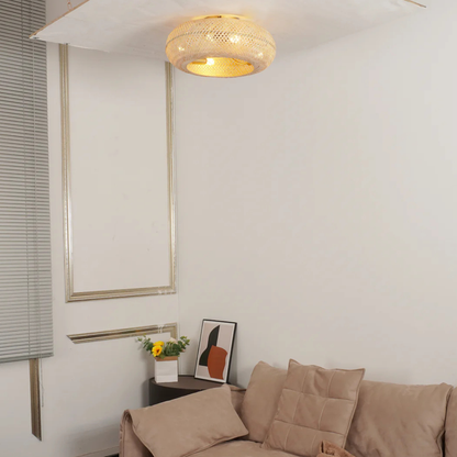 Flush Mount Ceiling Fan Light Woven Bamboo Shade - Coastal Boho Decor