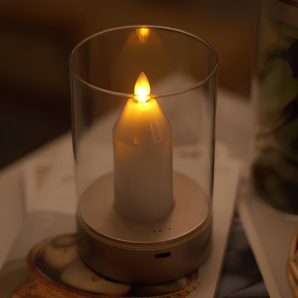Rechargeable LED Candle Table Lamp with Glass Cylinder - Modern Gold