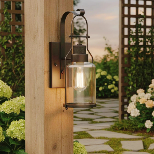 Permanent Outdoor House Lights with Clear Glass Jar Shade and Iron Arm
