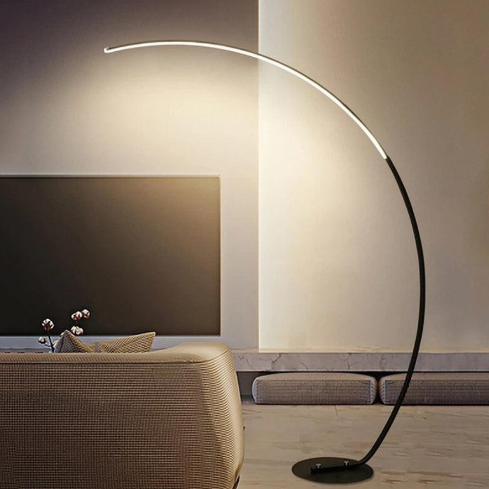 Bogen-Stehleuchte mit mattem Aluminiumgestell und dimmbarer LED – Zeitgenössische Wandleuchte