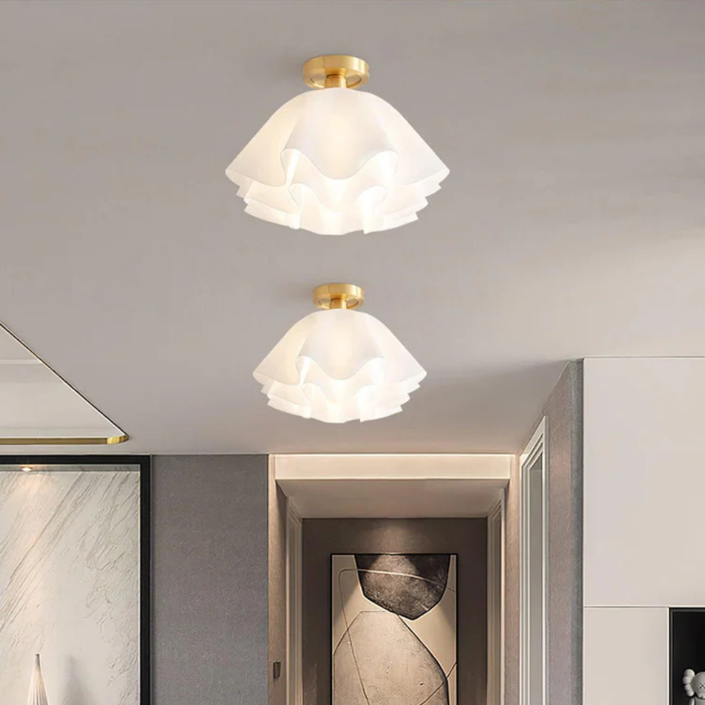 Flower Petal Ceiling Fixture with Brass Base - Transitional Mid Century