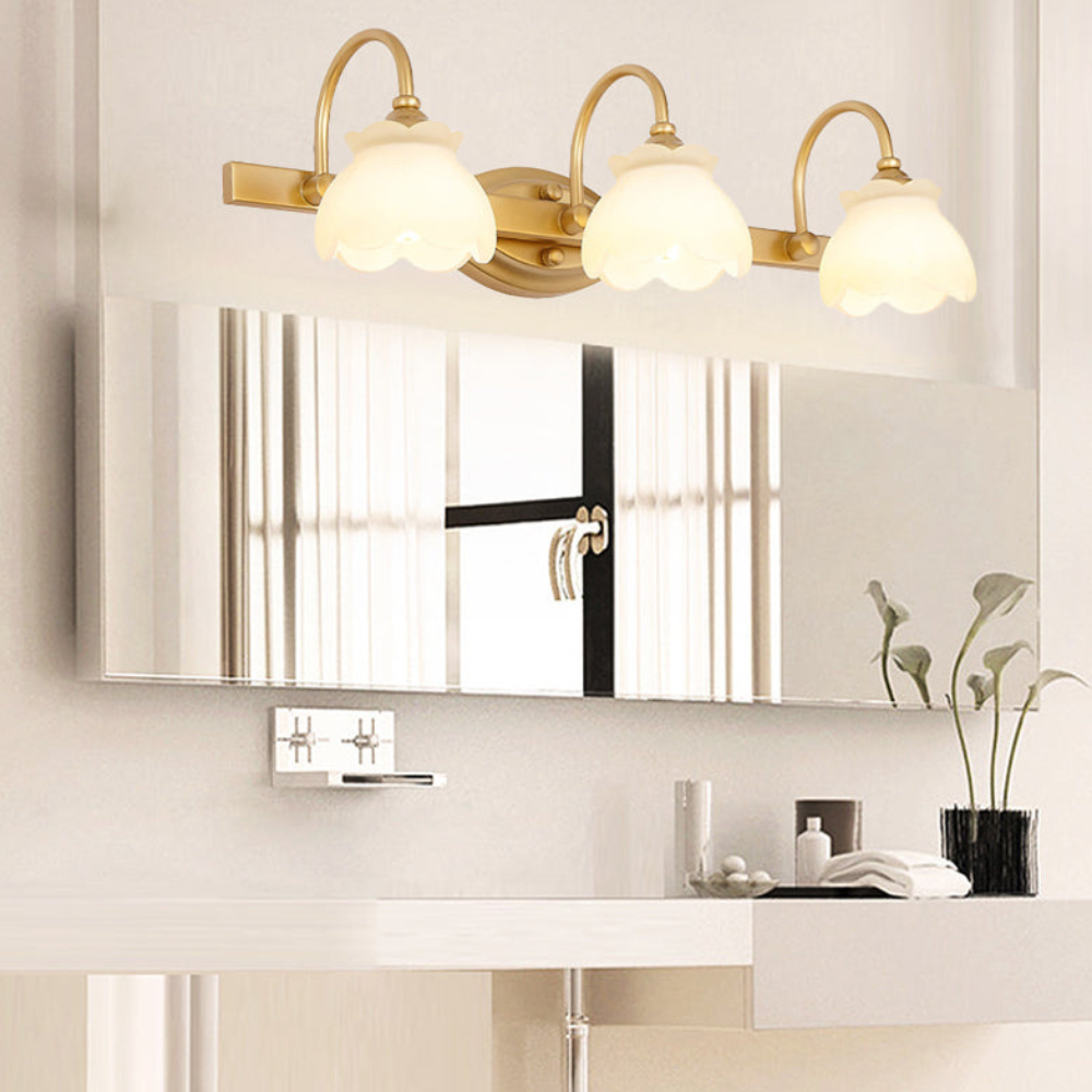 Bathroom lights above mirror with Arched Brass Arms and Frosted Glass - Colonial