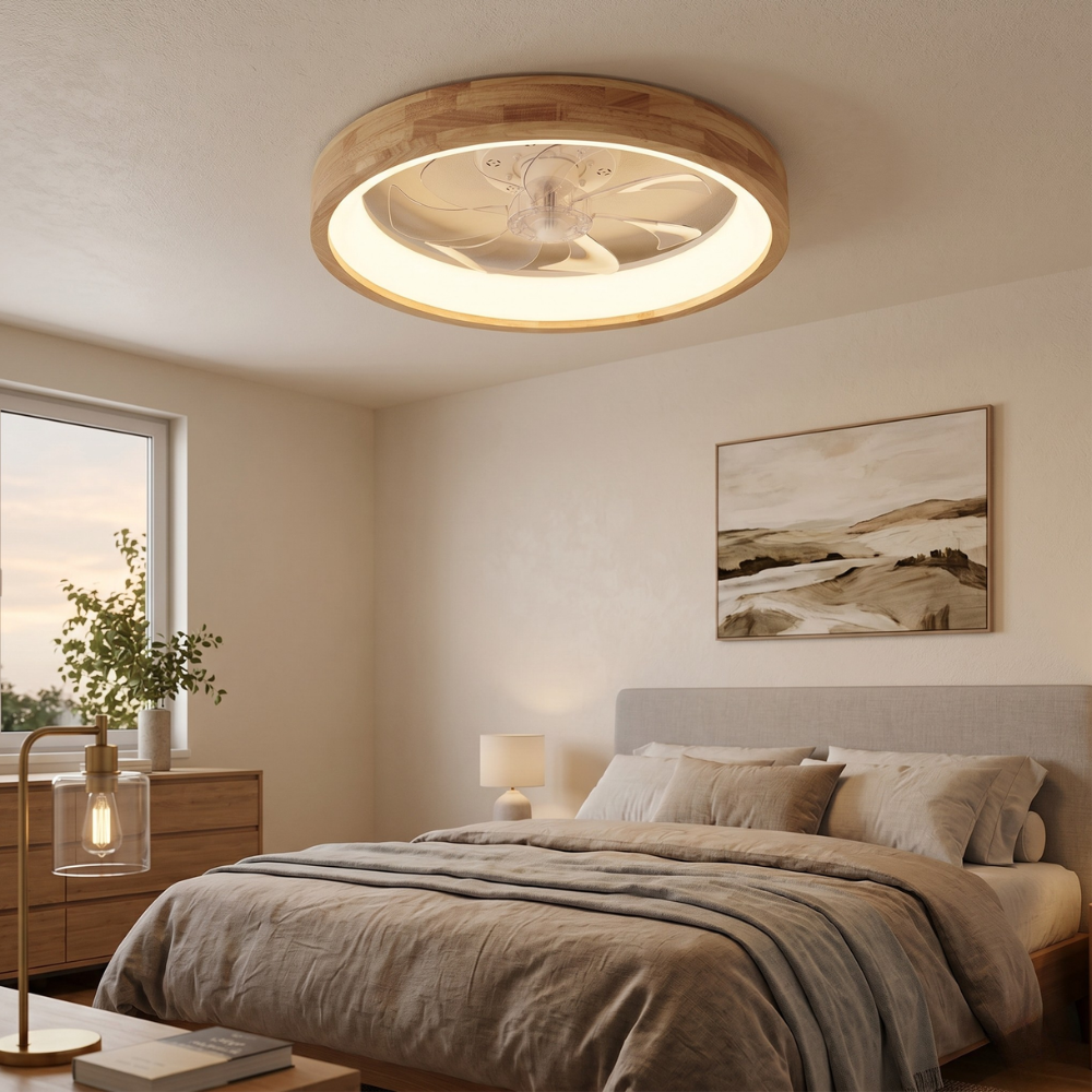 flush mount ceiling fan with light and Hollowed or Solid Wood Frame - Japandi Style