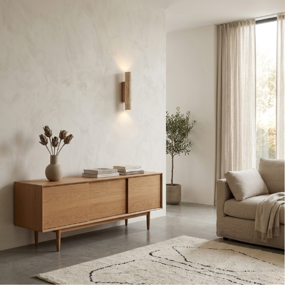 Moderne Travertin-Stein-Wandleuchte – Wabi-Sabi Wandleuchte mit zwei Lichtquellen