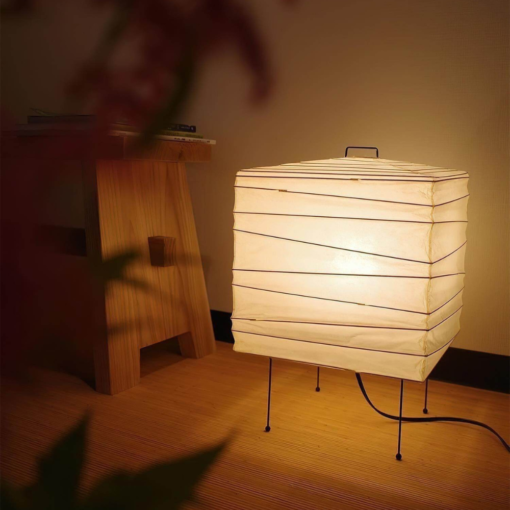 Japanese Paper Lantern Table Lamp with Metal Handle - Wabi Sabi Design