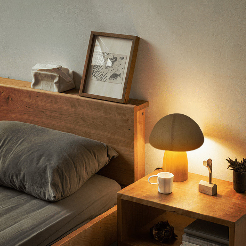 Cordless Mushroom Table Lamp in Carved Wood Mushroom - Rechargeable LED Style