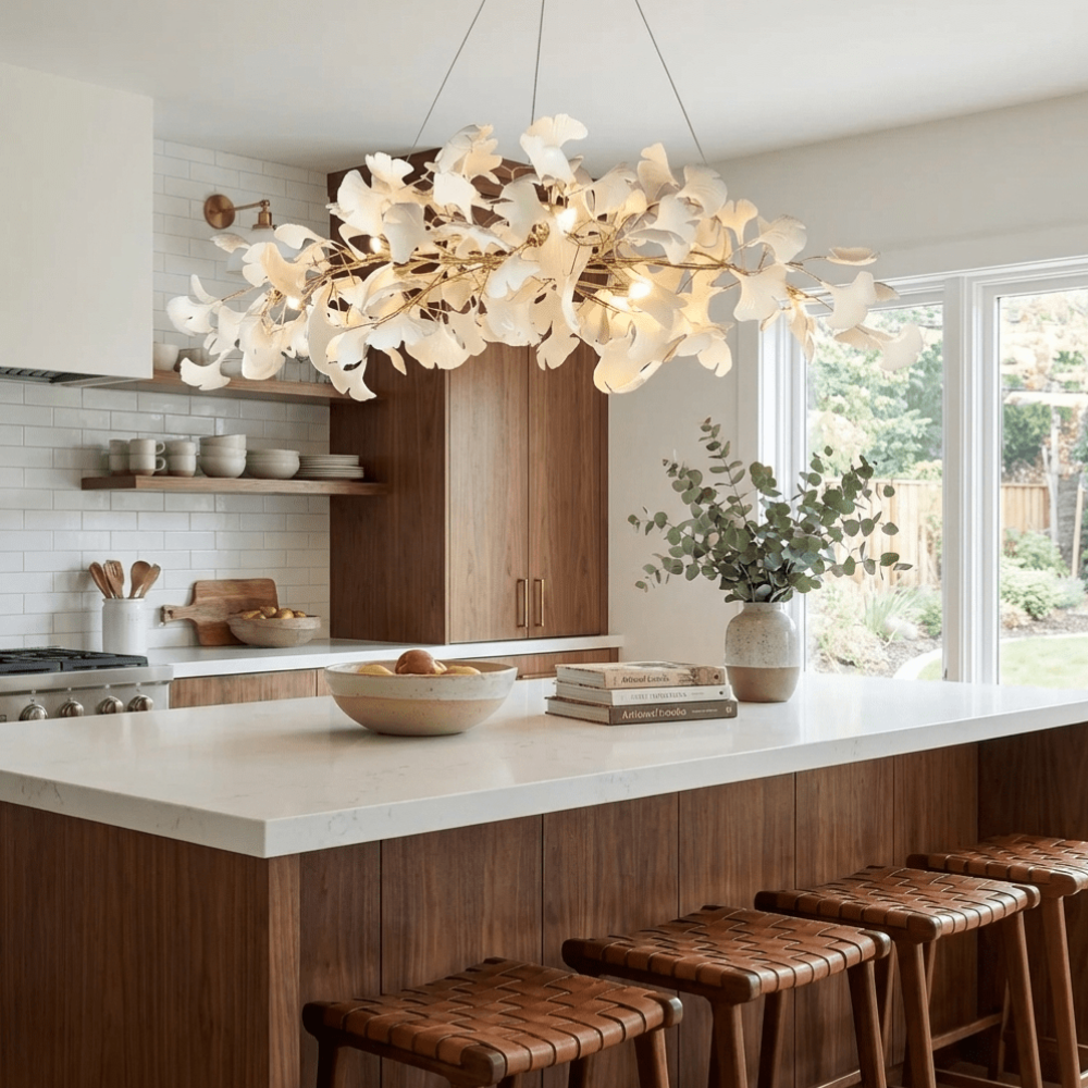 Linearer Esszimmer-Kronleuchter mit Keramik-Ginkgoblättern – Moderner Art Deco
