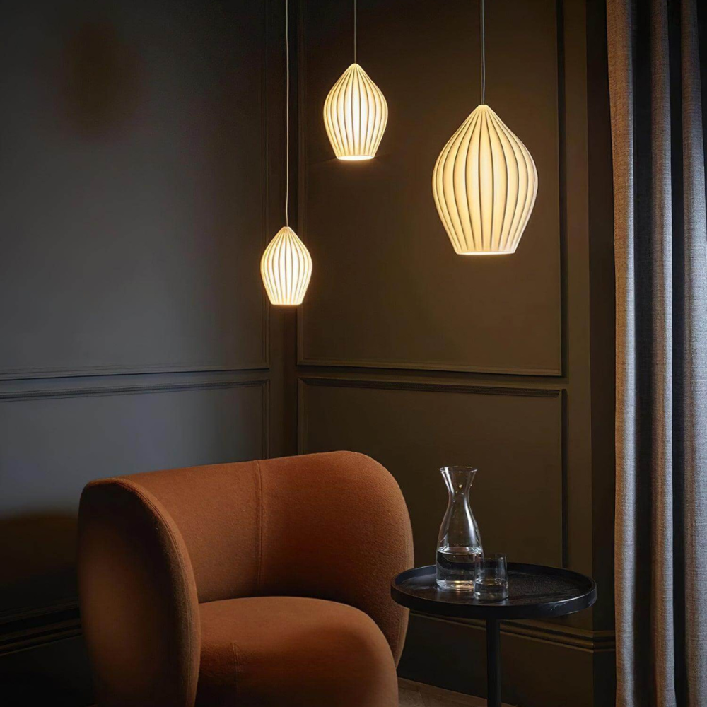 Ceramic Pendant Light with Ribbed Teardrop Shade - Modern Coastal